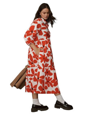 Anthropologie The Bettina Tiered Shirt Dress by Maeve In Red Motif Size M